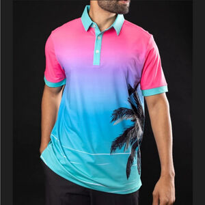 Men's Sunday Swagger XL Pink Blue Ombre West Palm Tree Golf Polo Shirt